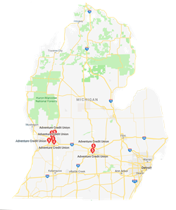 Map of Michigan showing all Adventure Locations