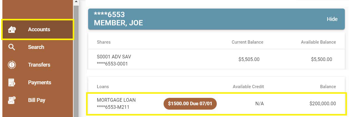 Screenshot of online mortgage account