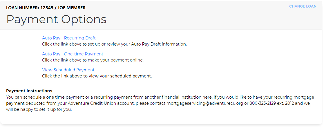 Screenshot of mortgage payment options.